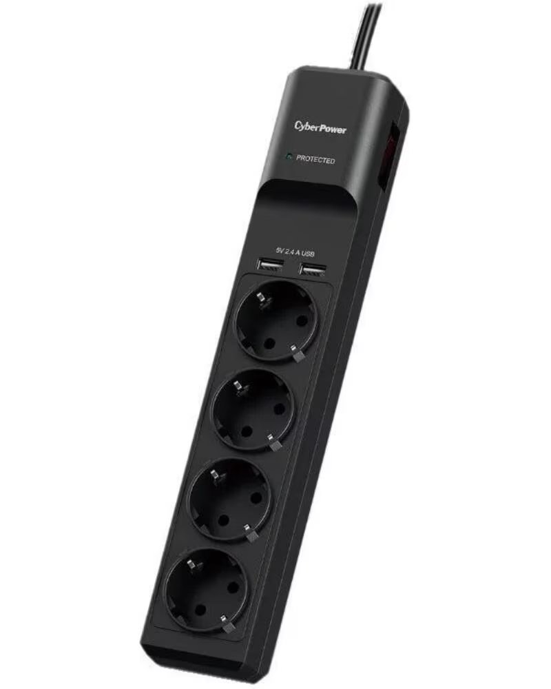 CYBERPOWER Regleta con interruptor P0420SUD0-DE- 4 Tomas de corriente- 2 USB- Cable 1 8m- Negra