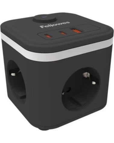 FELLOWES Regleta con Interruptor - 3 Tomas de corriente- 1 USB - 2 USB Tipo-C- Cable 2m- Negra
