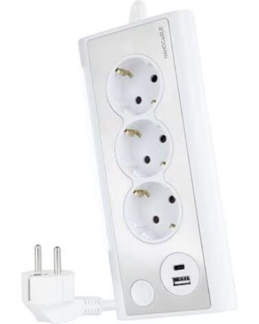 NANO CABLE Regleta con Interruptor Nanocable 10 37 0013-W- 3 Tomas de Corriente- 1 USB- 1 USB Tipo-C- Cable 1 5m- Blanca