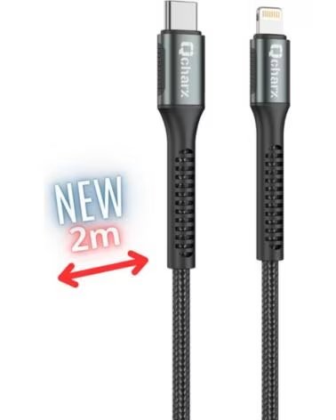 QCHARX INTERNATIONAL Cable qcharx prague usb tipo c a lightning - 2m - aleacion de aluminio negro cordon de tela suave