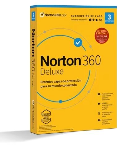 NORTON Antivirus deluxe 25gb espanol 1 usuario 3 dispositivos 1 ano en caja rsp mm gum
