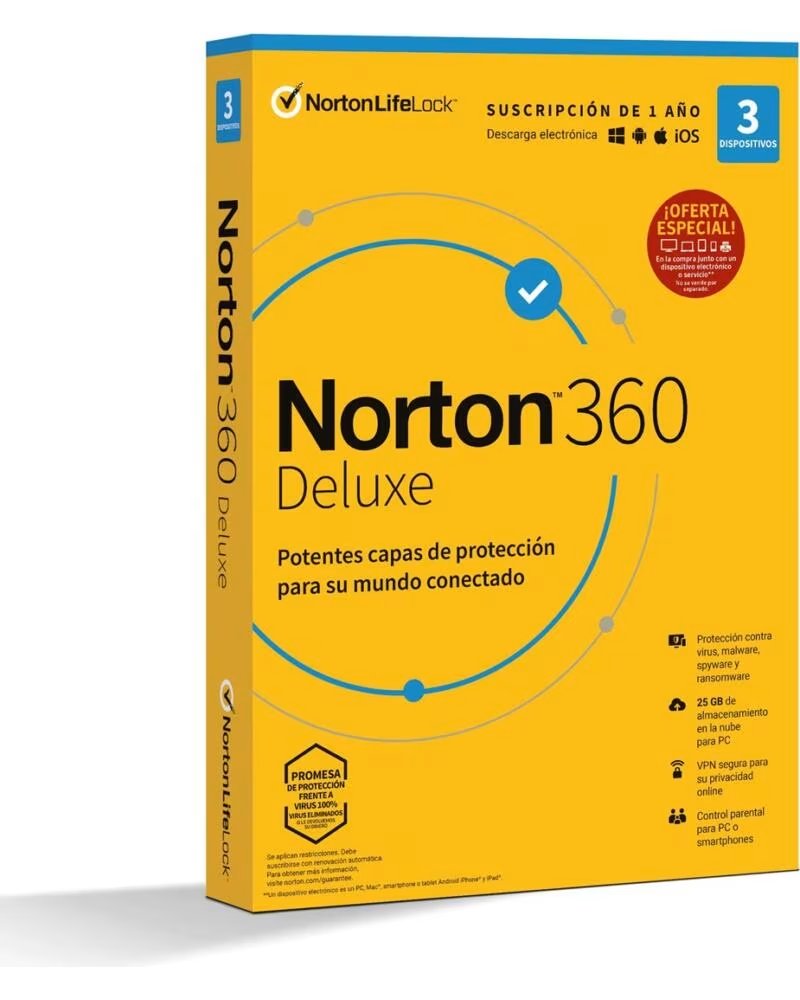 NORTON Antivirus deluxe 25gb espanol 1 usuario 3 dispositivos 1 ano en caja rsp mm gum