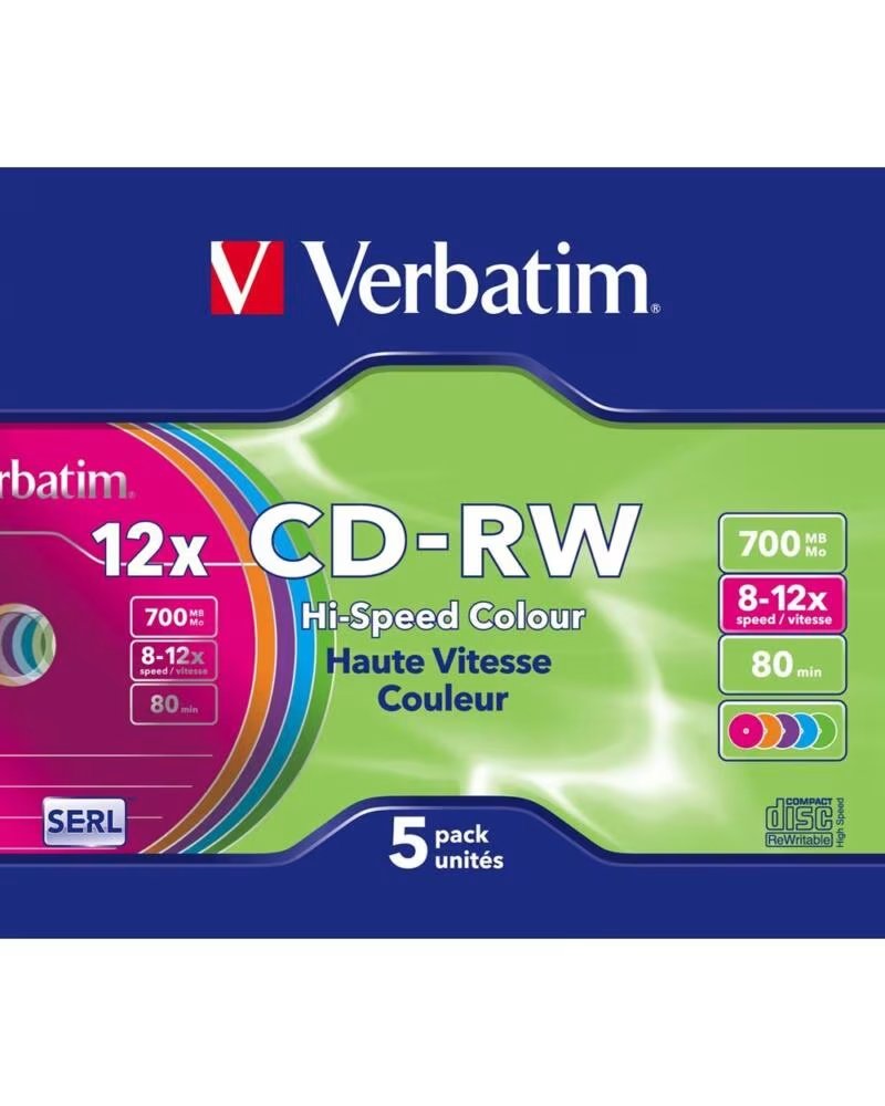 VERBATIM cd - rw 700mb 8x - 10x tarrina 5 unidades slim colores