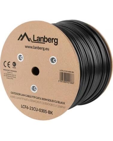 LANBERG Bobina para exterior cat 6 ftp rj45 solido cobre fluke tested awg23 305m negro