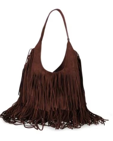 CHIKA10 DAMEN SCHULTERTASCHE INDI BRAUN MIT FRANSEN MARRON-BROWN