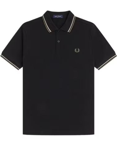 FRED PERRY POLO SLIM FIT TWIN TIPPED NOIR - OATMEAL LAUREL WREATH GREEN BLACK
