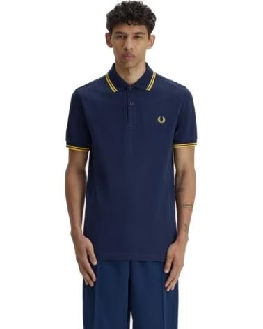 POLO SLIM FIT TWIN TIPPED FRED PERRY TENNIS BLUE LEMON BARLEY NAVY