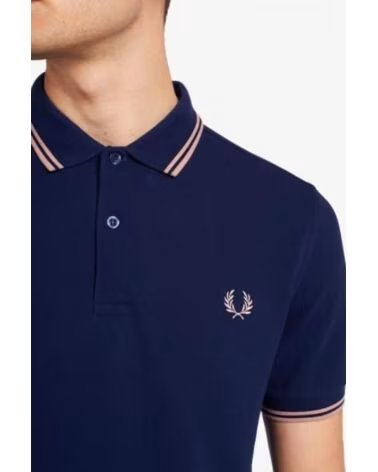 FRED PERRY SLIM FIT DOPPELSTREIFEN POLO DUNKELBLAU UND ROSA NAVY