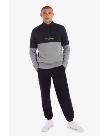 SWEAT-SHIRT FRED PERRY COLOUR BLOCK DEMI-ZIP STEEL MARL GRIS MARINE GREY NAVY