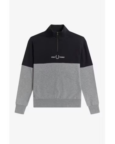 SWEAT-SHIRT FRED PERRY COLOUR BLOCK DEMI-ZIP STEEL MARL GRIS MARINE GREY NAVY