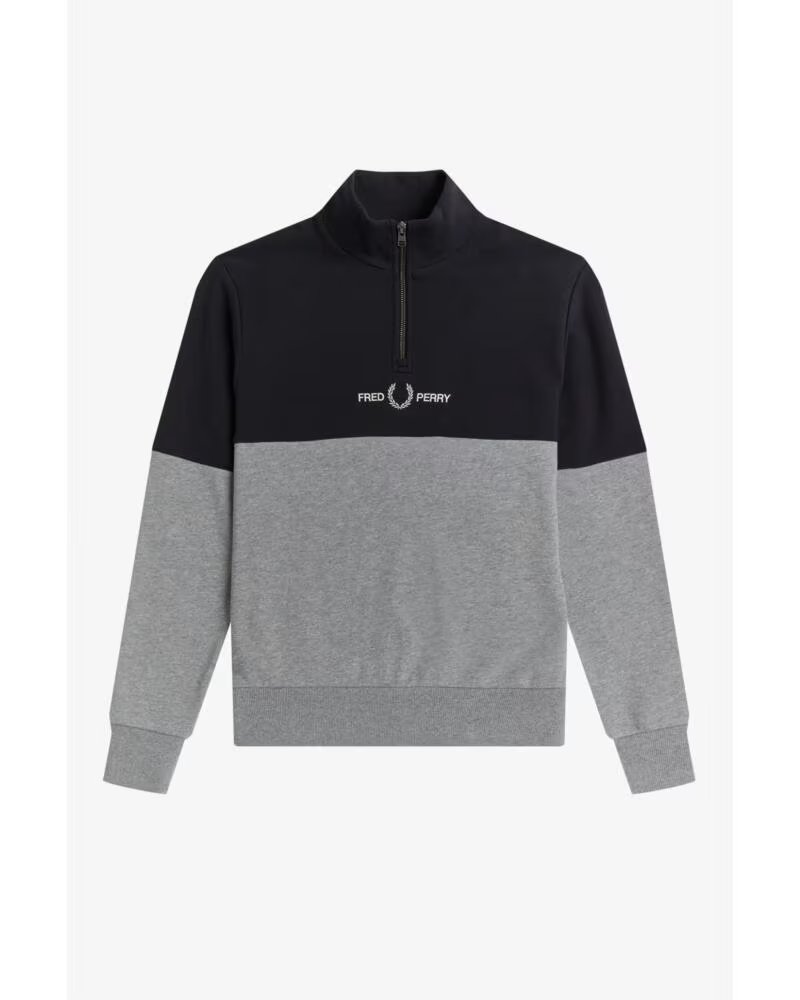 SWEAT-SHIRT FRED PERRY COLOUR BLOCK DEMI-ZIP STEEL MARL GRIS MARINE GREY NAVY