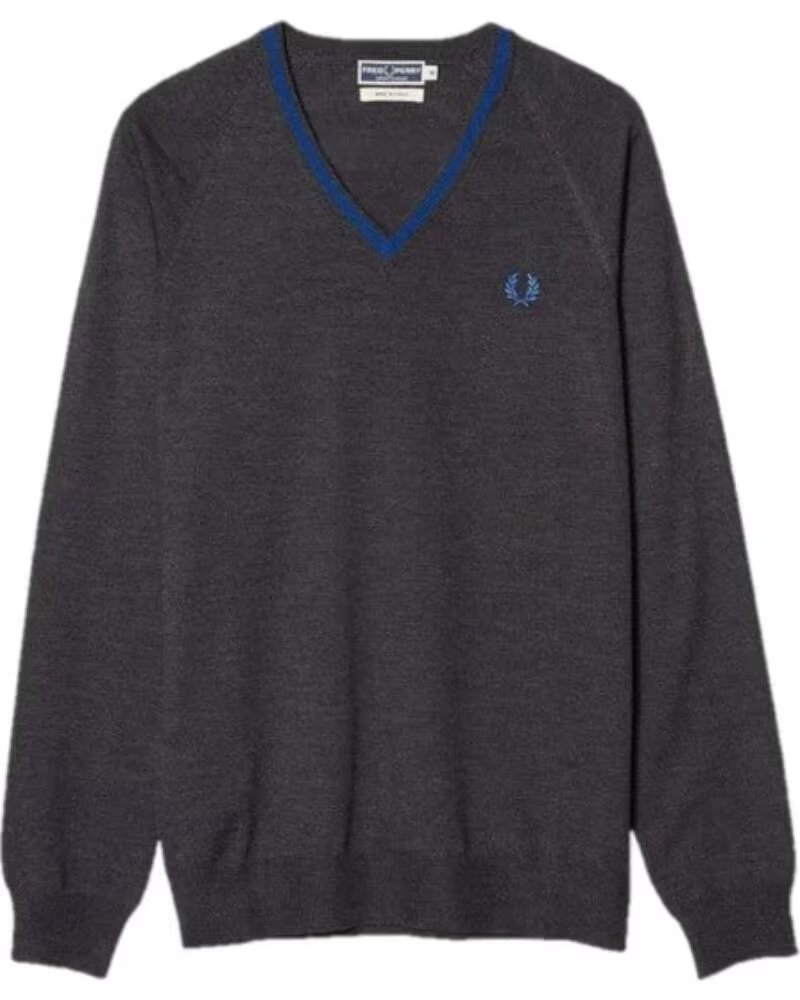 FRED PERRY REISSUES MERINO-WOLLPULLOVER MIT V-AUSSCHNITT UND STREIFEN GREY