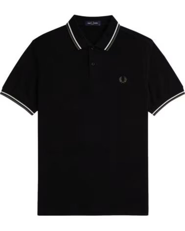 FRED PERRY SLIM FIT TWIN TIPPED POLO BLACK - ECRU LAUREL WREATH GREEN