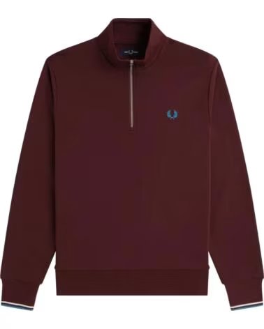 FRED PERRY SWEAT-SHIRT HALF ZIP OXBLOOD ECRU COURT BLUE BURGUNDY HOMME