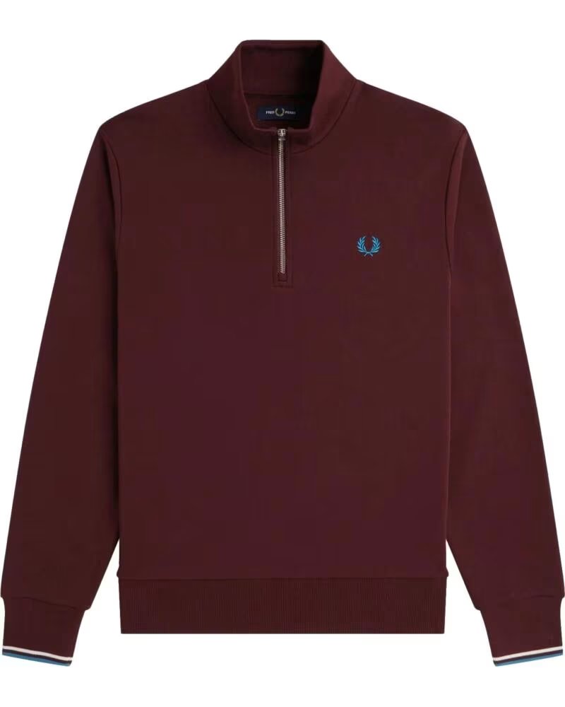 FRED PERRY SWEAT-SHIRT HALF ZIP OXBLOOD ECRU COURT BLUE BURGUNDY HOMME
