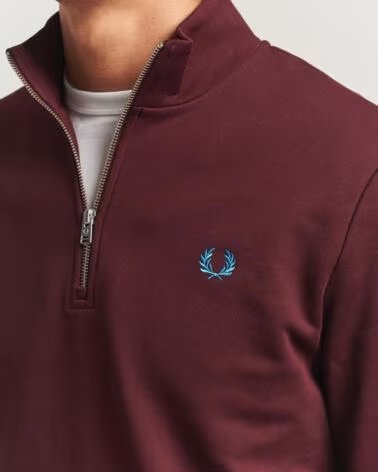 FRED PERRY SWEAT-SHIRT HALF ZIP OXBLOOD ECRU COURT BLUE BURGUNDY HOMME