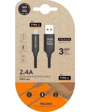 TECH ONE TECH Cable USB 2 0 Tipo-C TEC2003- USB Tipo-C Macho - USB Macho- 480Mbps- 1m- Negro