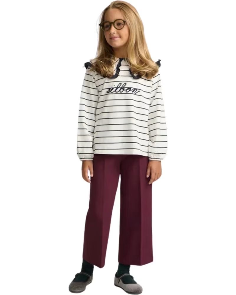 SILBON T-SHIRT FILLE RAYÉ COL VOLANT BRODÉ MULTICOLOR