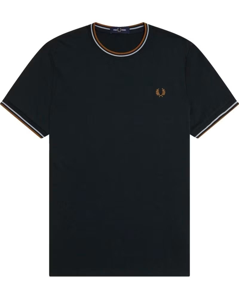 FRED PERRY CAMISETA TWIN TIPPED NIGHT GREEN DUSKY BLUE DARK CARAMEL VERDE OSCURO