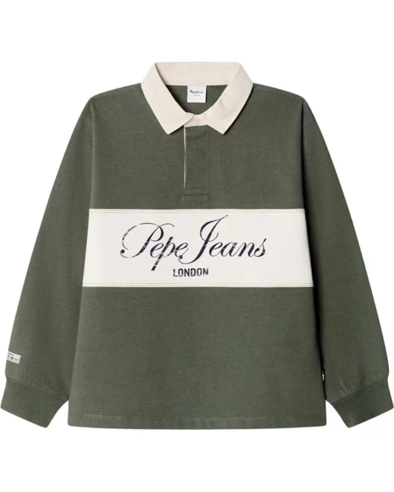 PEPE JEANS KINDER-RUGBYPOLO IN GRÜN MIT KONTRASTSTREIFEN UND LOGO VERDE