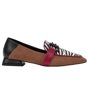 MONTEVITA OVIEDOÑA DAMEN SOHLEN-MOKASSINS BRAUN SCHWARZ ZEBRA-PRINT MIT BORDEAUXROTEN DETAILS BEIGE