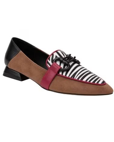 MONTEVITA OVIEDOÑA DAMEN SOHLEN-MOKASSINS BRAUN SCHWARZ ZEBRA-PRINT MIT BORDEAUXROTEN DETAILS BEIGE
