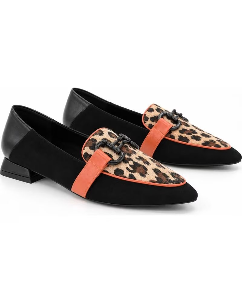 MONTEVITA OVIEDONA SLIPPER AUS SCHWARZEM LEDER MIT LEOPARDENMUSTER UND SCHNALLENDETAIL BLACK