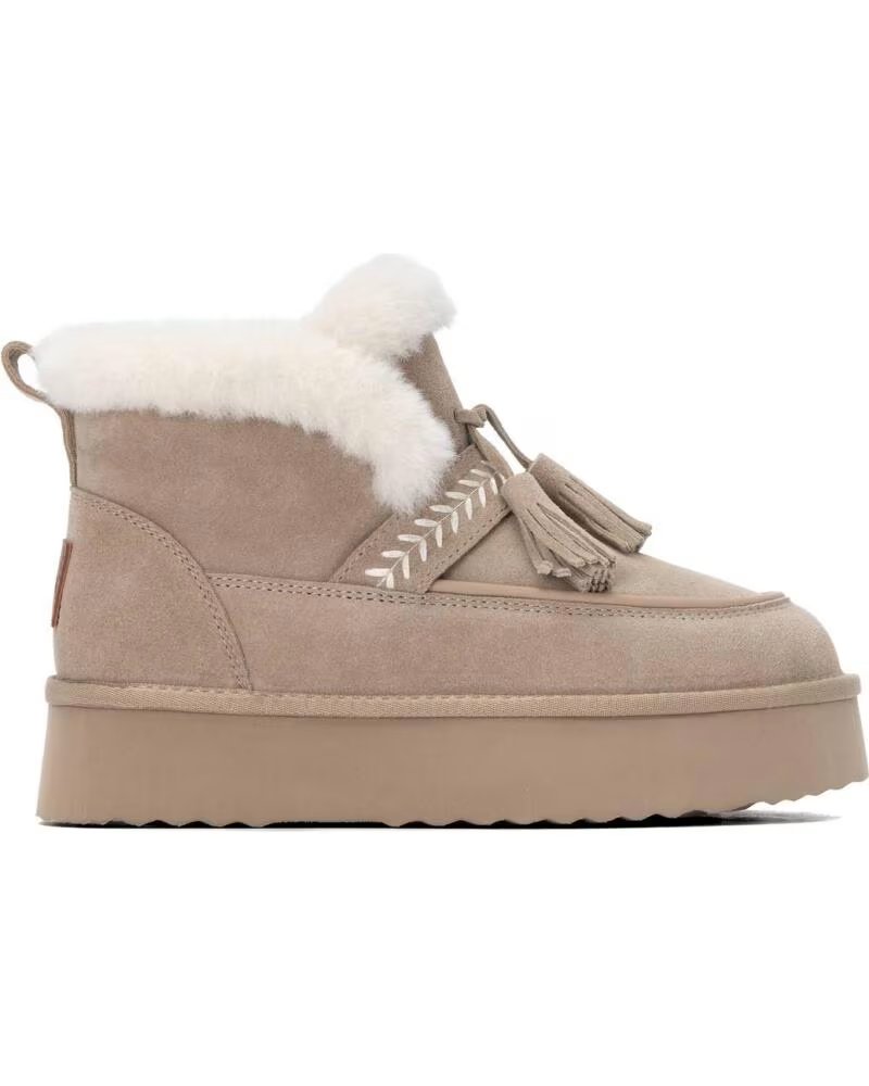 BOTTINES PLATEFORME CARMELA AVEC POMPONS ET FAUSSE FOURRURE BEIGE