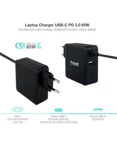 TOOQ Cargador portatil conector USB-C 65W