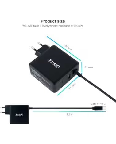 TOOQ Cargador portatil conector USB-C 65W