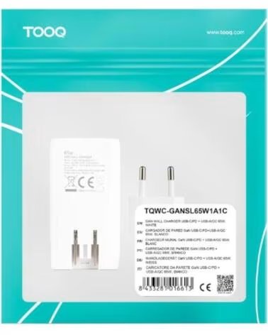 TOOQ Cargador pared GAN USB-C-PD USB-A-QC 65W