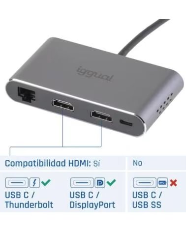IGGUAL HUB C 8 IN 1 2XHDMI 2XUSB 2XSD RJ45 PD100W