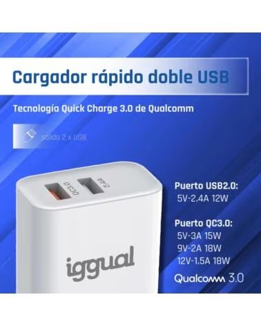 IGGUAL CARGADOR DOBLE 2XUSB CARGA RAPIDA QC3 0 30W IGG317389