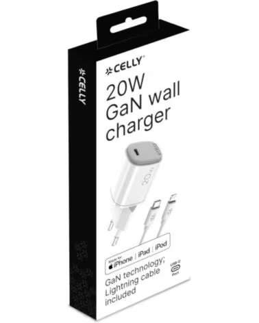 CELLY CHARGEUR MURAL GAN 20W USB-C AVEC CÂBLE LIGHTNING
