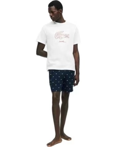 LACOSTE T-SHIRT CROCODILE PRINT COTTON LOUNGEWEAR BLANC-BORDEAUX