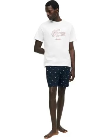 LACOSTE T-SHIRT CROCODILE PRINT COTTON LOUNGEWEAR BLANC-BORDEAUX