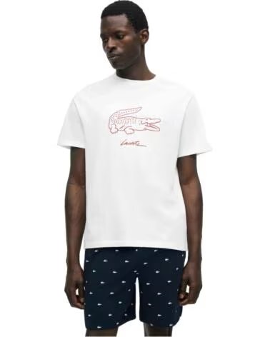 LACOSTE T-SHIRT CROCODILE PRINT COTTON LOUNGEWEAR BLANC-BORDEAUX