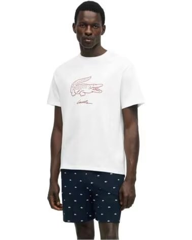 LACOSTE T-SHIRT CROCODILE PRINT COTTON LOUNGEWEAR BLANC-BORDEAUX