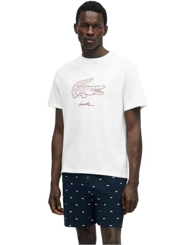 LACOSTE T-SHIRT CROCODILE PRINT COTTON LOUNGEWEAR BLANC-BORDEAUX