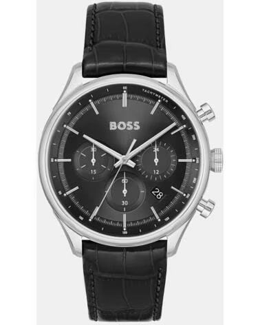 RELÓGIO HUGO BOSS 1514049 COM MOSTRADOR PRETO E PULSEIRA DE COURO NEGRO