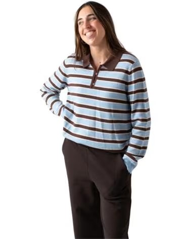 PULL RAYÉ YERSE À COL POLO CELESTE