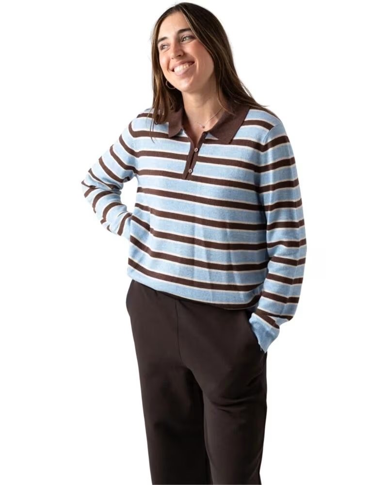 PULL RAYÉ YERSE À COL POLO CELESTE