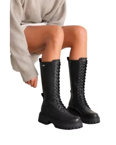 BB UP BOTA ALTA MILITAR NEGRA DE MUJER CON CORDONES 2610 PU NEGRO BLACK