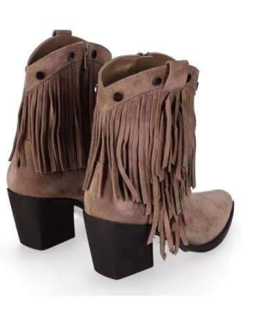CHIKA10 MAHONA 03 BOTTINES EN CROUTE DE CUIR TALON MOYEN À FRANGES TAUPE-TAUPE