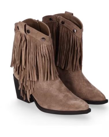 CHIKA10 MAHONA 03 BOTTINES EN CROUTE DE CUIR TALON MOYEN À FRANGES TAUPE-TAUPE