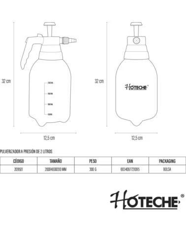 PULVÉRISATEUR À PRESSION MANUEL 2 LITRES G840602 HOTECHE MULTICOLOR