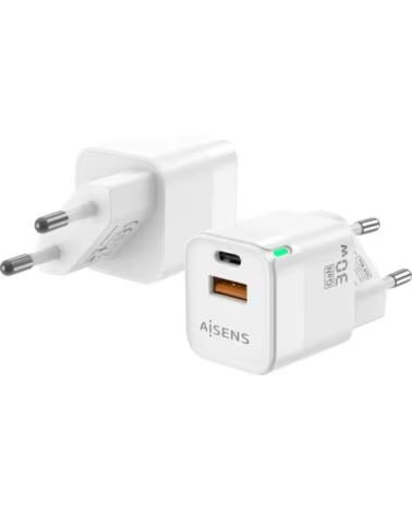 AISENS CARGADOR GAN 30W 1XUSB-C PD3 0 QC4 0 1XUSB-A QC3 0 WHITE