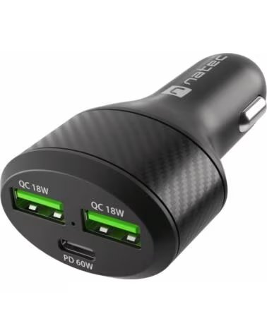 NATEC CARGADOR COCHE CONEY 2XUSB - 1XUSB-C QC3 0 - PD 3 0 BLACK