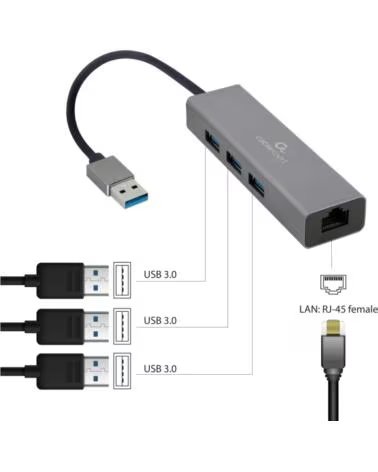 GEMBIRD ADAPTADOR DE USB AM GIGABIT CON HUB DE 3 PUERTOS USB 3 0 RED