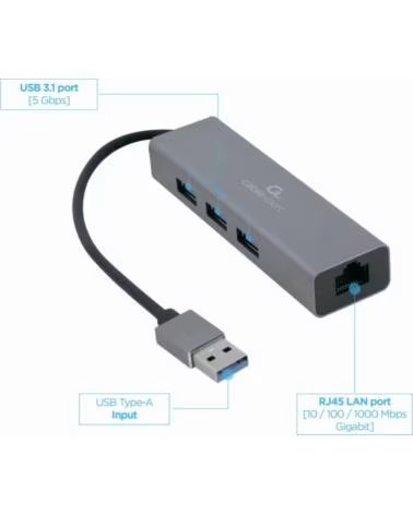 GEMBIRD ADAPTADOR DE USB AM GIGABIT CON HUB DE 3 PUERTOS USB 3 0 RED